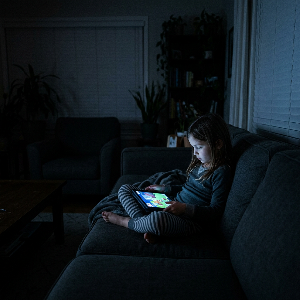 Child sitting on couch looking at tablet glowing in dark room