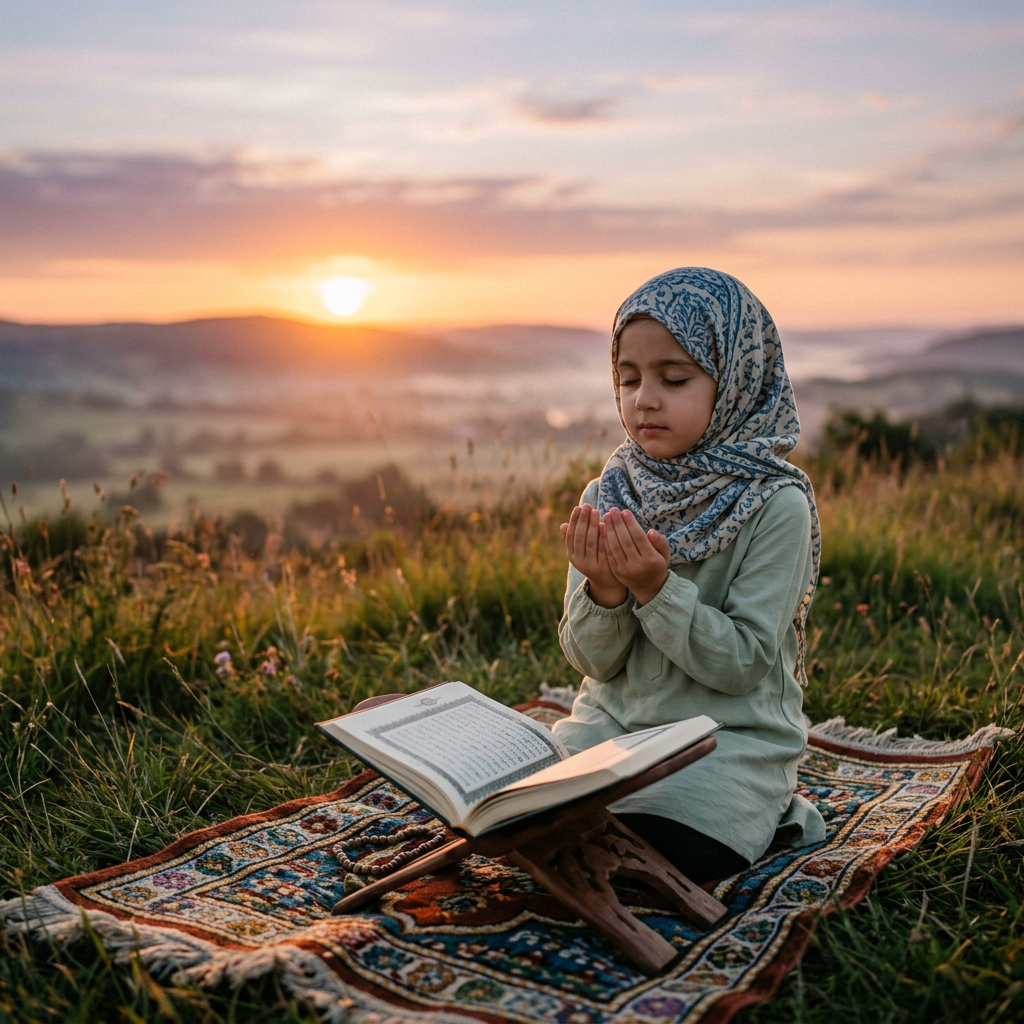 Young girl wearing hijab praying with open Quran on prayer rug at sunrise outdoors