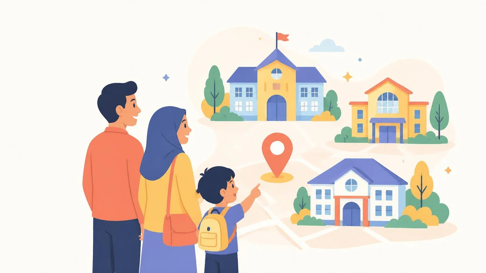 Ilustrasi keluarga menjelajahi pilihan sekolah bersama Iqralabs School Guide